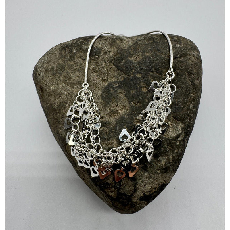Pulsera Mujer Plata Ajustable Corazones Italiana 925