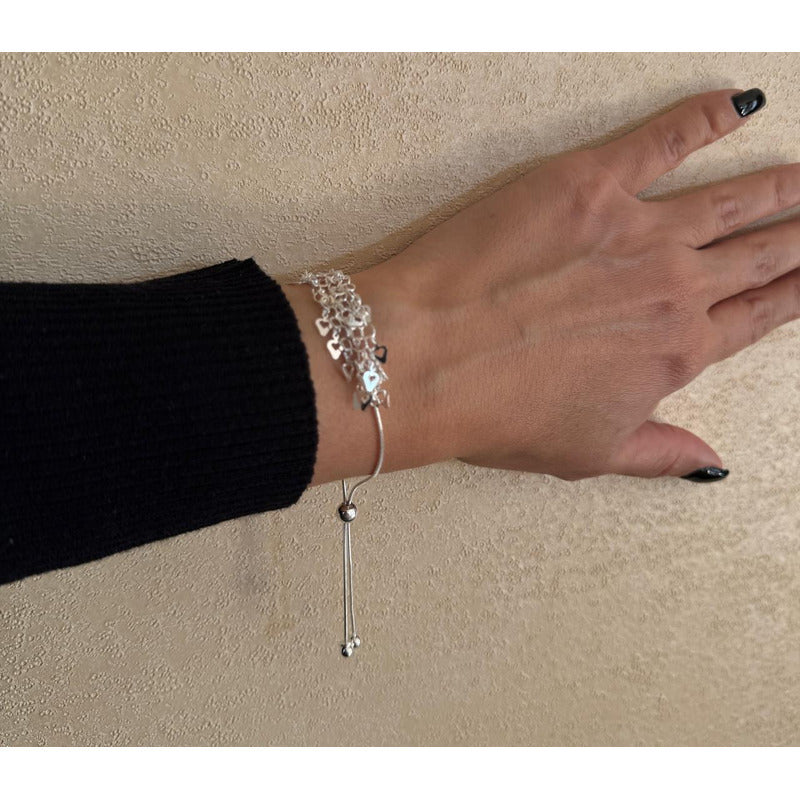Pulsera Mujer Plata Ajustable Corazones Italiana 925